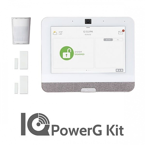 Qolsys IQ Panel 4 Power G Kit with a Built-In Verizon Cell Card, a PowerG Motion Sensor, and a PowerG Door/Window Sensor