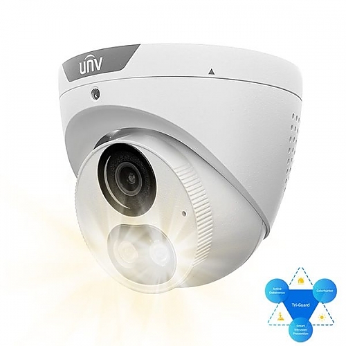 UNV 4K Tri-Guard NDAA-Compliant Weatherproof Turret IP Security Camera 2.8mm Fixed Lens with Deep Learning AI, Active Deterrence, and 24/7 Color Illumination