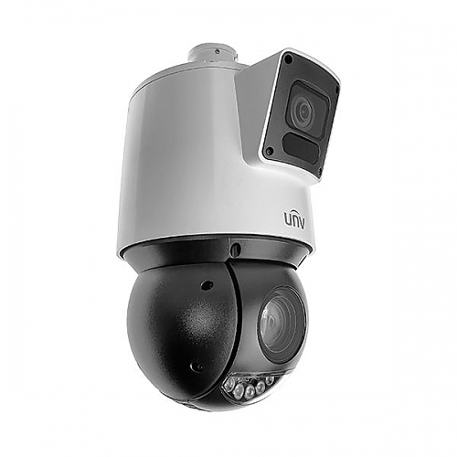 UNV 4MP Dual Lens Weatherproof PTZ IP Security Camera with a 25X Motorized Zoom Lens on Bottom and a Fixed 4mm Camera on Top